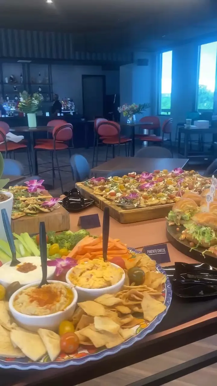 Reception buffet with appetizers and service stations