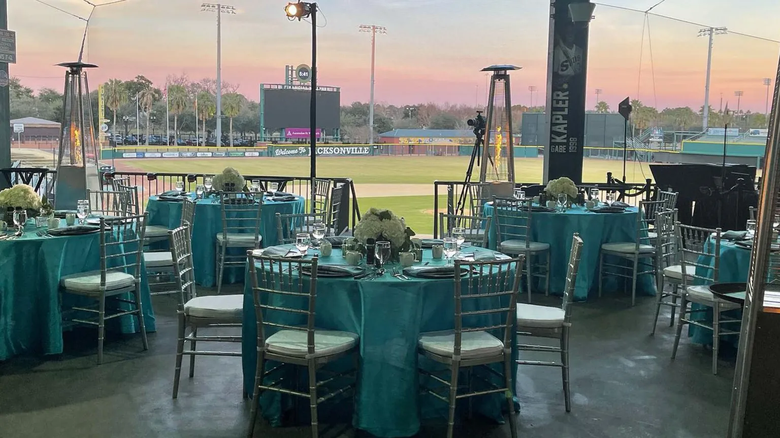Banquet tables set along the ballpark concourse